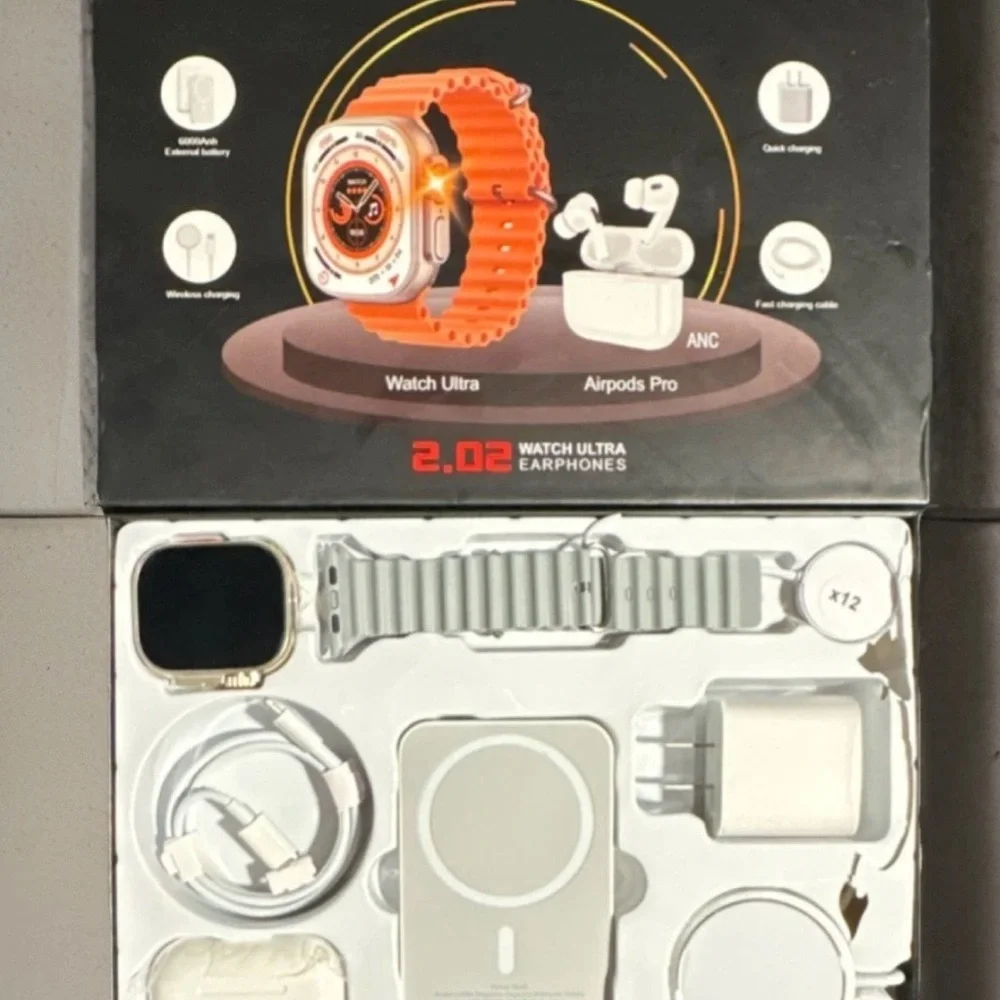 NIB X12 Unique Combination Smart Watch Ultra, Orange Band, Earphones, 2.02